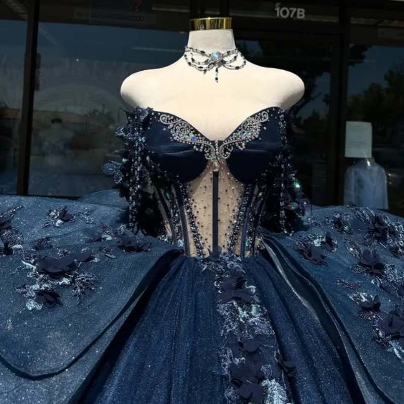 Customized Shiny dark blue Quinceanera Dresses Off the Shoulder sequin applique 3D flower Bow Vestido De 15 Quinceanera
Customized Shiny dark blue Quinceanera Dresses Off the Shoulder sequin applique 3D flower Bow Vestido De 15 Quinceanera