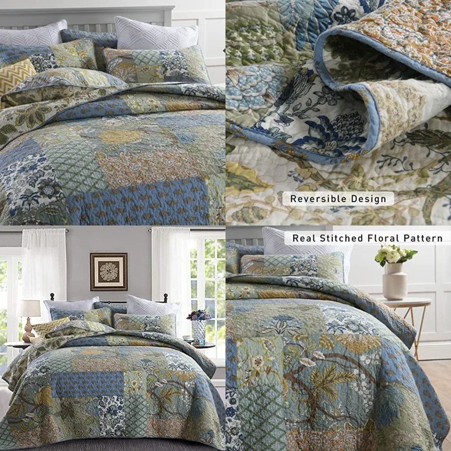 Quilt Set Bedspread Reversible Green Farmhouse Garden Coverlet Real Patchwork Quilt Set for All Seasons, Bohemian Floral Patter
Quilt Set Bedspread Reversible Green Farmhouse Garden Coverlet Real Patchwork Quilt Set for All Seasons, Bohemian Floral Patter