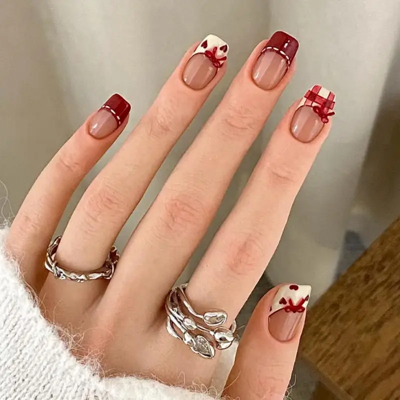24pcs Wine Red Nail Sweet Cool French Love Design Tips Fake Nails Sets Short Ballet Press on Nails Bow Plaid Square False Nail
24pcs Wine Red Nail Sweet Cool French Love Design Tips Fake Nails Sets Short Ballet Press on Nails Bow Plaid Square False Nail