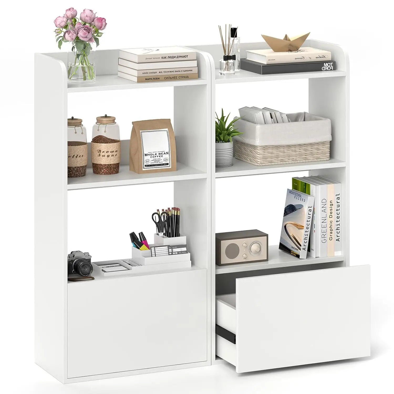 Bookshelf with Drawer Set of 2, 3-Tier 41.5" Tall Bookcase with Open Shelf, 2 Anti-Tipping Kits, Freestanding, Customized
Bookshelf with Drawer Set of 2, 3-Tier 41.5" Tall Bookcase with Open Shelf, 2 Anti-Tipping Kits, Freestanding, Customized