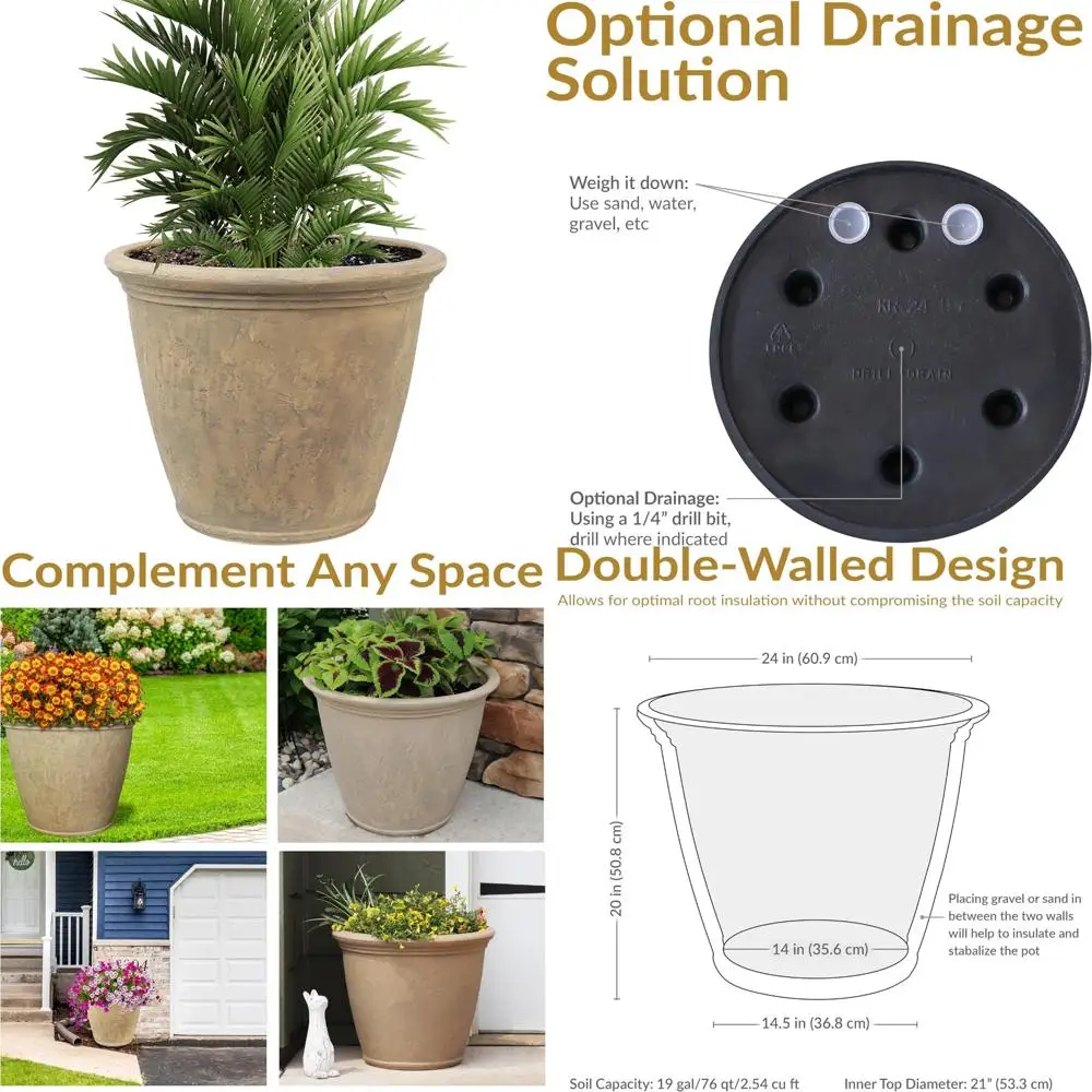Large 24-Inch Plastic Outdoor Round Planter with Double-Walled Polyresin and Drillable Drainage for Garden Plants
Large 24-Inch Plastic Outdoor Round Planter with Double-Walled Polyresin and Drillable Drainage for Garden Plants