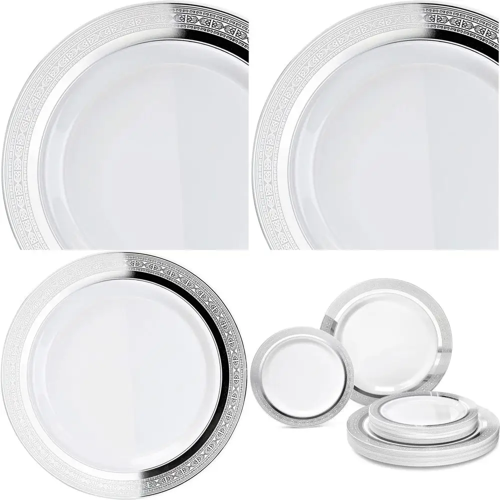 Набор пластиковых тарелок премиум-класса из 120 предметов для 60 гостей — ужин 10,5 и салатов/десерта 7,5 в дворцовом белом и серебре
Набор пластиковых тарелок премиум-класса из 120 предметов для 60 гостей — ужин 10,5 и салатов/десерта 7,5 в дворцовом белом и серебре