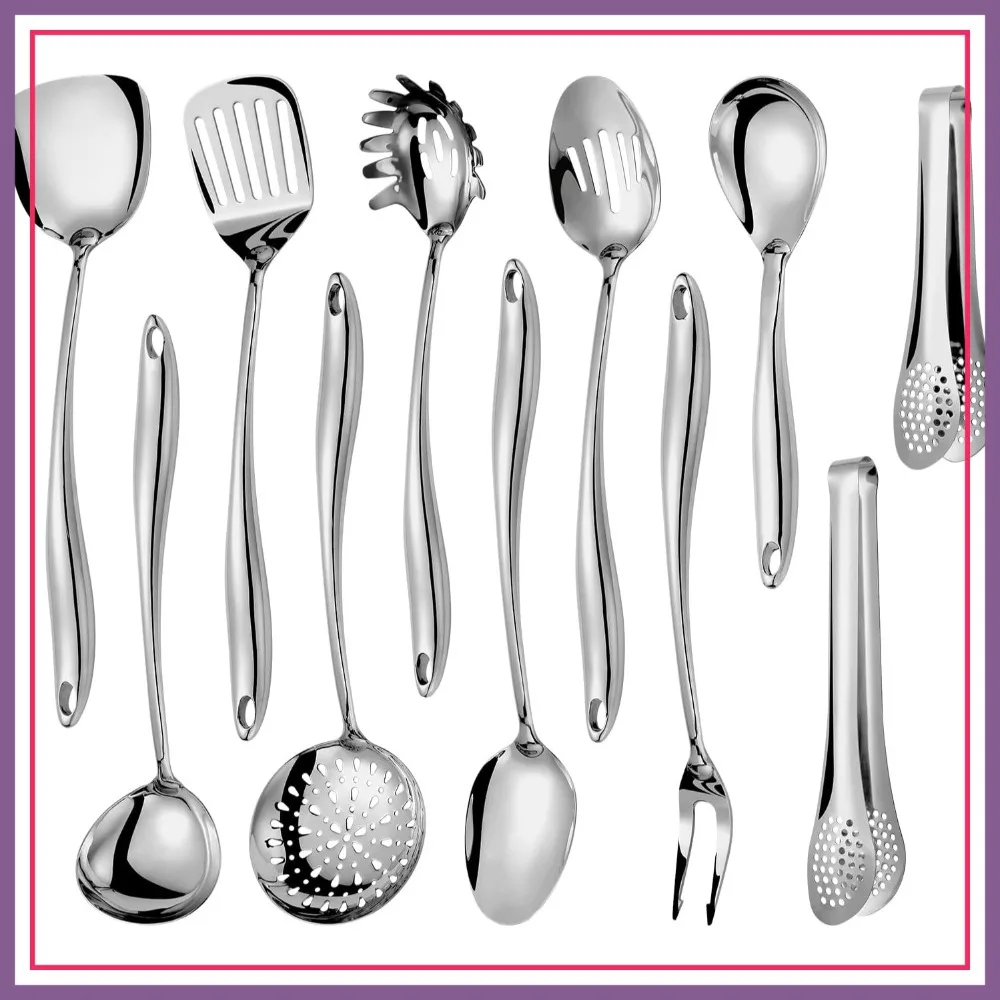 11 Pcs 304 Stainless Steel Kitchen Utensils Set, Long Metal Cooking Tools with Spatula, Spoon, Ladle, Skimmer, Turner, Pasta Server, Tongs, Dishwasher Safe
11 Pcs 304 Stainless Steel Kitchen Utensils Set, Long Metal Cooking Tools with Spatula, Spoon, Ladle, Skimmer, Turner, Pasta Server, Tongs, Dishwasher Safe