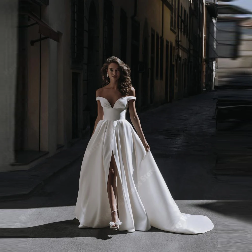 Off The Shoulder A-Line Women Wedding Dresses Elegant Satin Bridal Gowns Mopping Length Banquet Vestido De Novia 2025 Customized 
Off The Shoulder A-Line Women Wedding Dresses Elegant Satin Bridal Gowns Mopping Length Banquet Vestido De Novia 2025 Customized