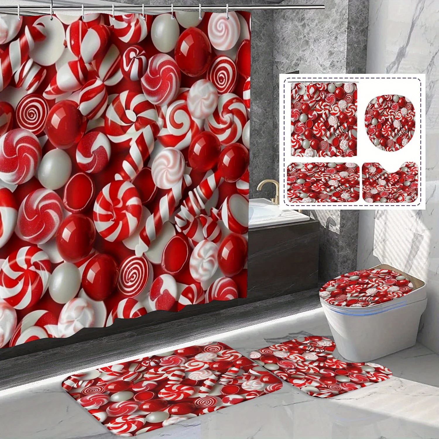 Рождественский набор для ванной из конфетной трости, праздничный декор, нескользящий коврик, U-образный чехол для унитаза, тканевая занавеска премиум-класса, декор для дома и ванной комнаты
Рождественский набор для ванной из конфетной трости, праздничный декор, нескользящий коврик, U-образный чехол для унитаза, тканевая занавеска премиум-класса, декор для дома и ванной комнаты