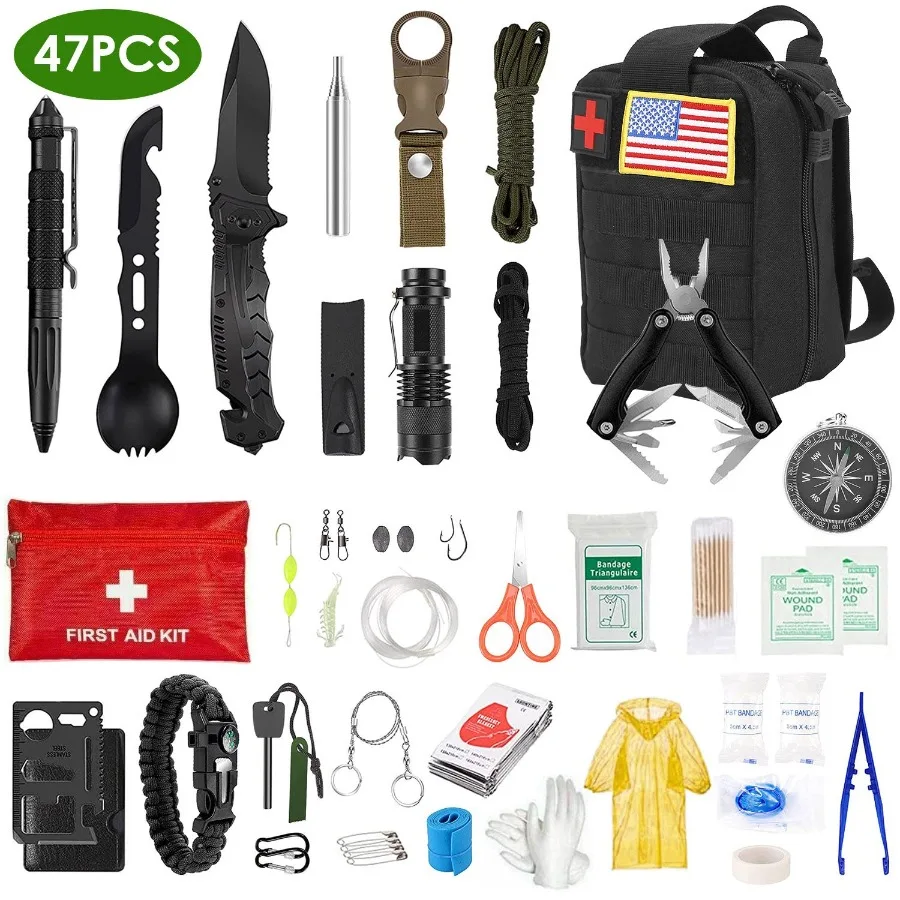 47Pcs Emergency Survival Kit Survival EDC Gear Equipment Tool First Aid Supplies Kit Tools with Pouch for Hiking Hunting Disast
47Pcs Emergency Survival Kit Survival EDC Gear Equipment Tool First Aid Supplies Kit Tools with Pouch for Hiking Hunting Disast