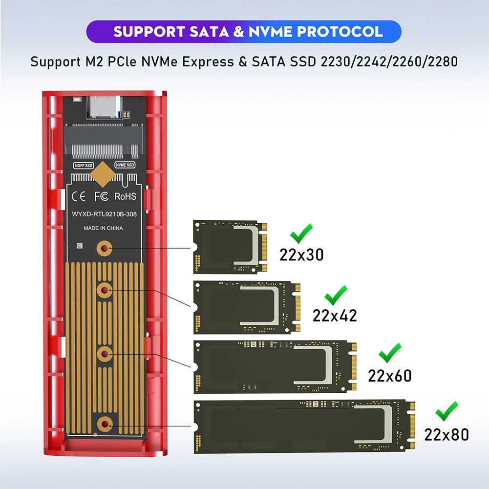 M.2 NGFF NVME SSD Enclosure Adapter USB3.1 Gen2 External SSD Case 10Gbps SSD Disk Box for NVME/SATA SSDs 2242/2260/2280
M.2 NGFF NVME SSD Enclosure Adapter USB3.1 Gen2 External SSD Case 10Gbps SSD Disk Box for NVME/SATA SSDs 2242/2260/2280