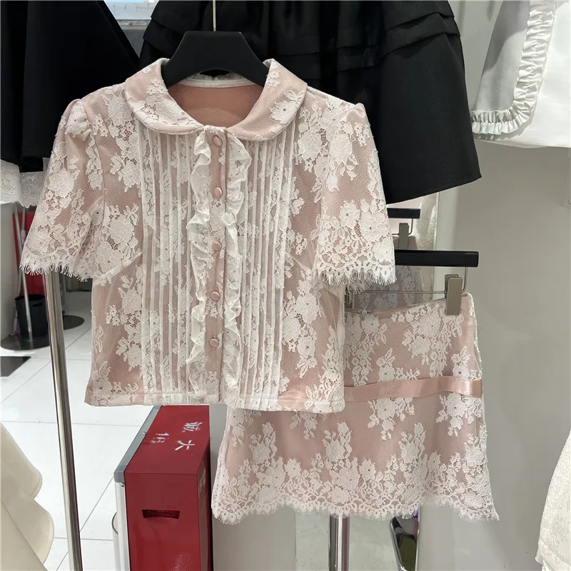 Fashionable Lace Short Sleeve Sweet Doll Collar Shirt And A-Line Skirt Set with Knot High Waist Elegant Style ...
Fashionable Lace Short Sleeve Sweet Doll Collar Shirt And A-Line Skirt Set with Knot High Waist Elegant Style ...