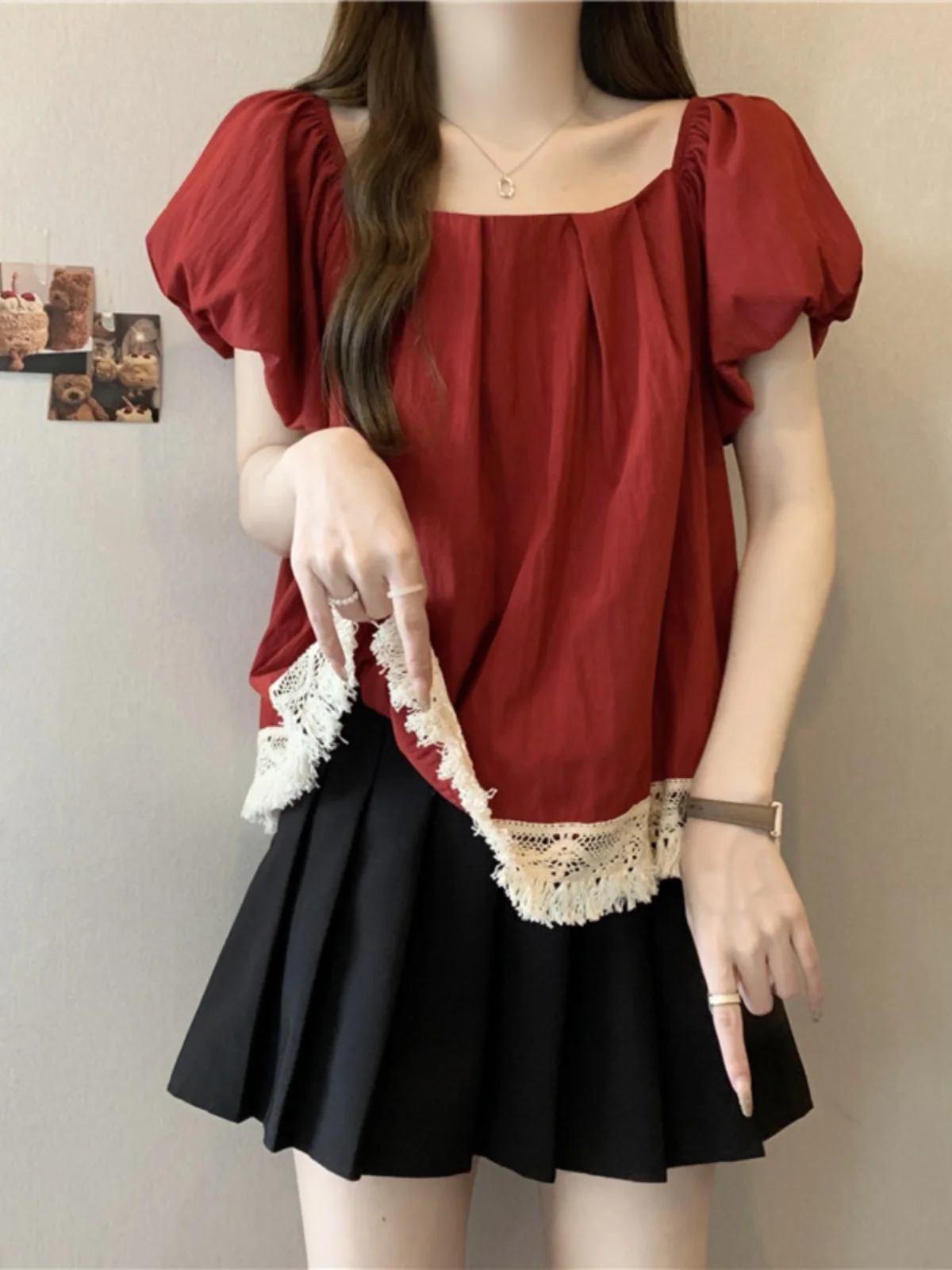 Elegant Short Sleeve Square Collar Shirt Women's Summer Fashion plus Size Beautiful Tassel Bubble Sleeve Top Slimming Shirt
Elegant Short Sleeve Square Collar Shirt Women's Summer Fashion plus Size Beautiful Tassel Bubble Sleeve Top Slimming Shirt