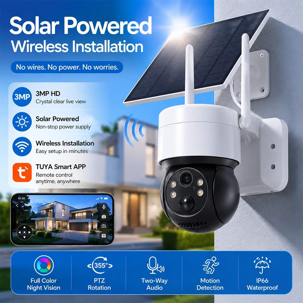 Solar WiFi Security Camera 3MP HD TUYA Smart Outdoor PTZ Camera IP Powered IP66 Waterproof Full Color Night Vision Two Way Audio
Solar WiFi Security Camera 3MP HD TUYA Smart Outdoor PTZ Camera IP Powered IP66 Waterproof Full Color Night Vision Two Way Audio