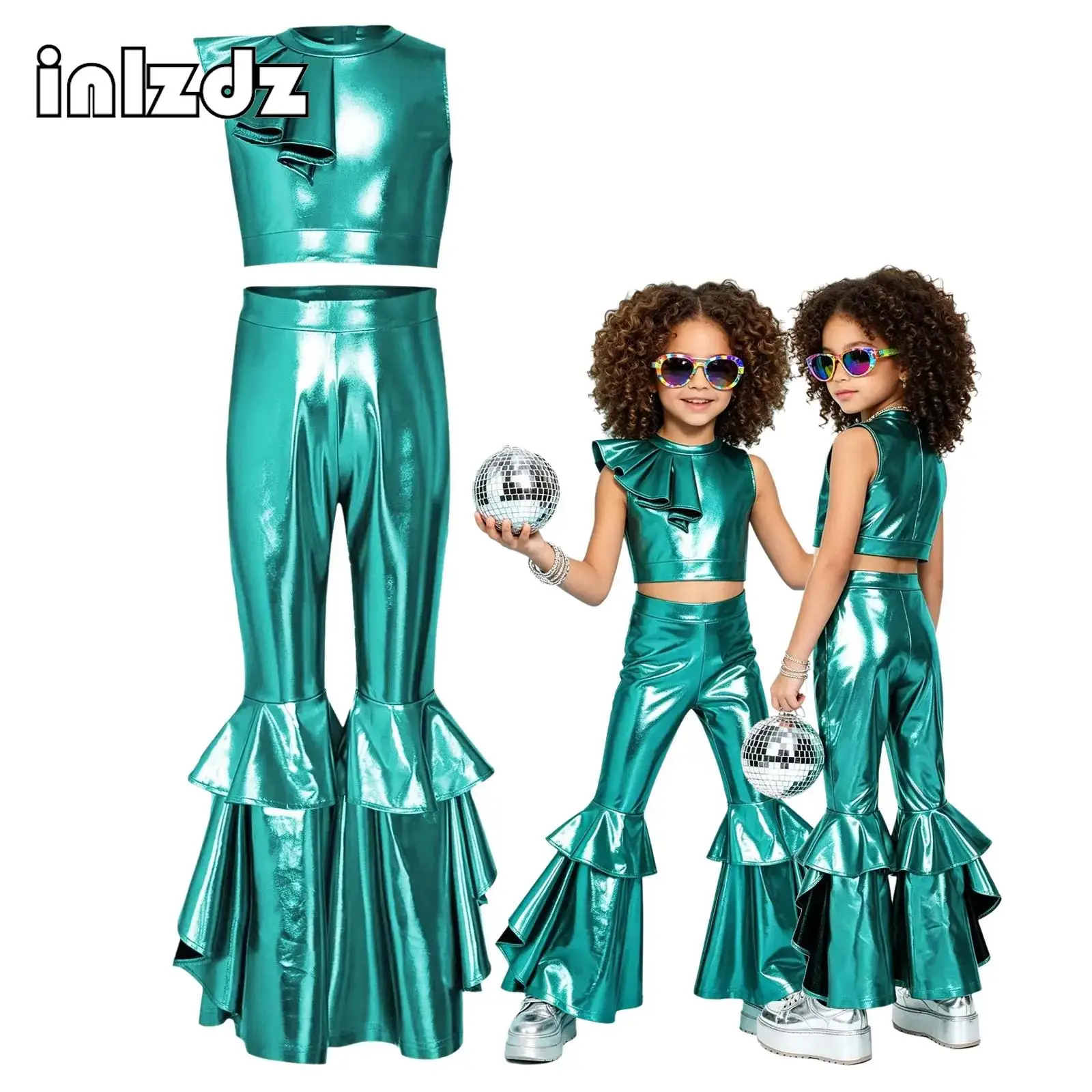 Girls 70s Disco Costume Shinny Flared Jumpsuit Kids Metallic Crop Top with Ruffled Flared Pants Jumpsuits Jazz Latin Outfits
Girls 70s Disco Costume Shinny Flared Jumpsuit Kids Metallic Crop Top with Ruffled Flared Pants Jumpsuits Jazz Latin Outfits