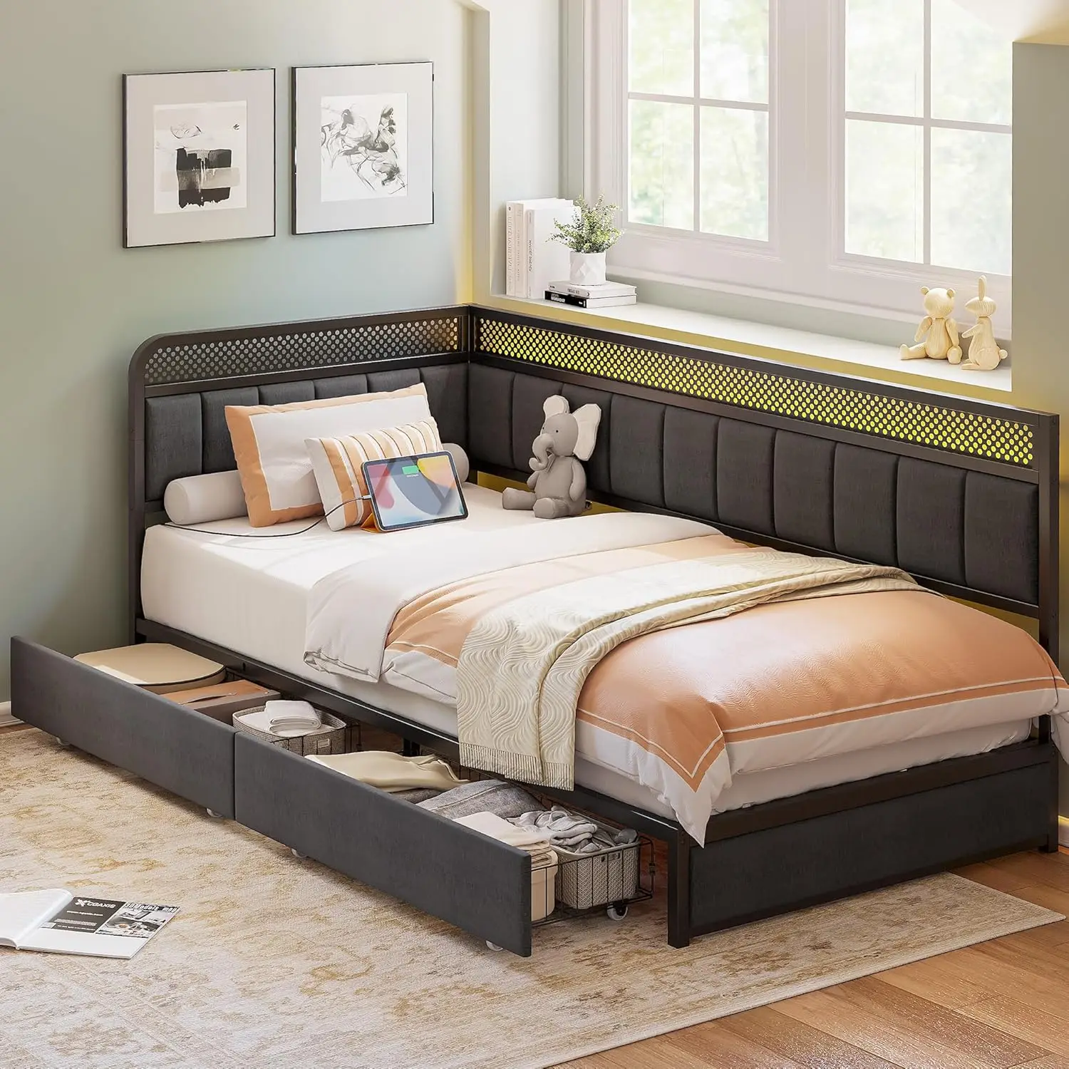 Twin XL Corner Bed Frame With Storage Drawers And Charging Station Modern Daybed
Twin XL Corner Bed Frame With Storage Drawers And Charging Station Modern Daybed