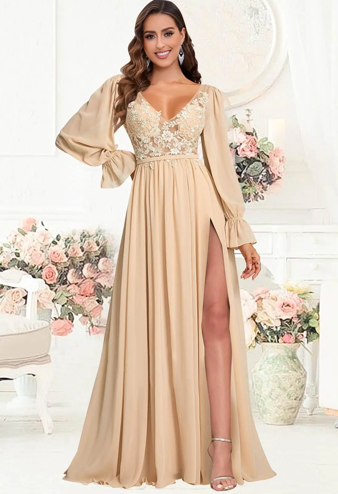 Women's V Neck Chiffon Bridesmaid Dresses Long Sleeve Wedding Guest Dress A-Line Lace Appliques Formal Party Gown
Women's V Neck Chiffon Bridesmaid Dresses Long Sleeve Wedding Guest Dress A-Line Lace Appliques Formal Party Gown