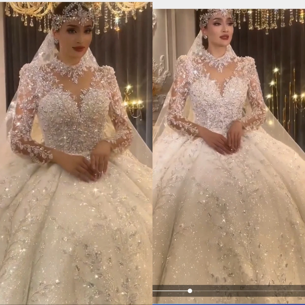 Luxurious Sparkling Lace Crystal Bead Decoration Wedding Dress Sexy High Collar Long Sleeve Auditorium Bridal Dress Customized
Luxurious Sparkling Lace Crystal Bead Decoration Wedding Dress Sexy High Collar Long Sleeve Auditorium Bridal Dress Customized