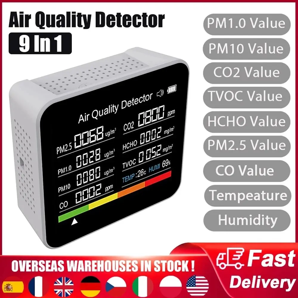 9 In 1 Air Quality Monitor CO2 Meter CO TVOC HCHO PM2.5 PM1.0 PM10 Temperature And Humidity Measurement Carbon Dioxide Detector
9 In 1 Air Quality Monitor CO2 Meter CO TVOC HCHO PM2.5 PM1.0 PM10 Temperature And Humidity Measurement Carbon Dioxide Detector