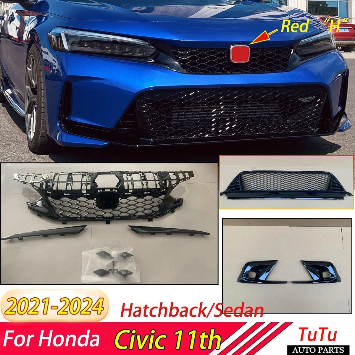 Front Bumper Grille for Honda Civic 11th Hatchback/Sedan 2021-2024 Car Upper Lower Hood Mesh Air Intake Trim Fog Lamp Bezel Kits
Front Bumper Grille for Honda Civic 11th Hatchback/Sedan 2021-2024 Car Upper Lower Hood Mesh Air Intake Trim Fog Lamp Bezel Kits