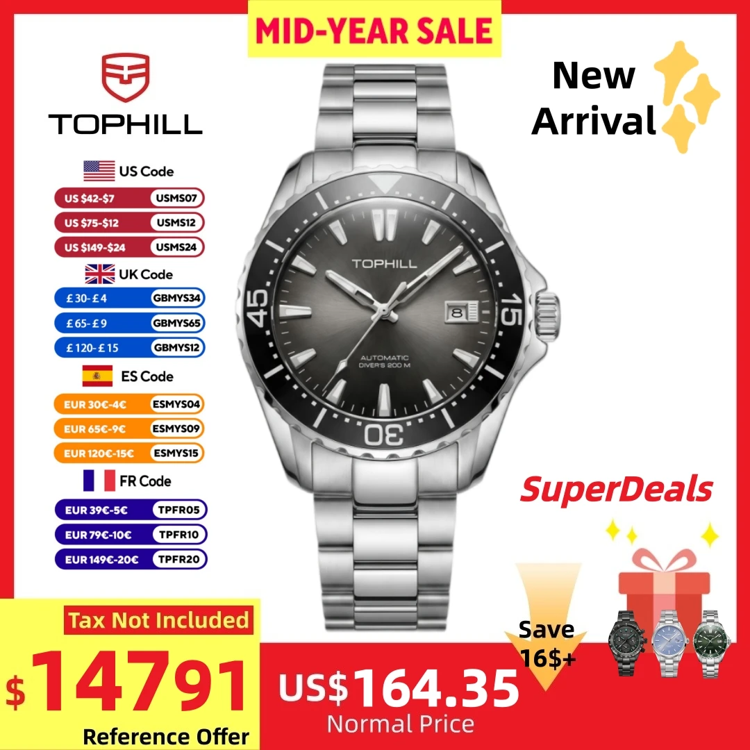 TOPHILL 41mm Miyota 8215 Men Diving Watch 200M Waterproof Classic Luxury Ceramic Bezel Sapphire 3H Date Transparent Back TD015G
TOPHILL 41mm Miyota 8215 Men Diving Watch 200M Waterproof Classic Luxury Ceramic Bezel Sapphire 3H Date Transparent Back TD015G