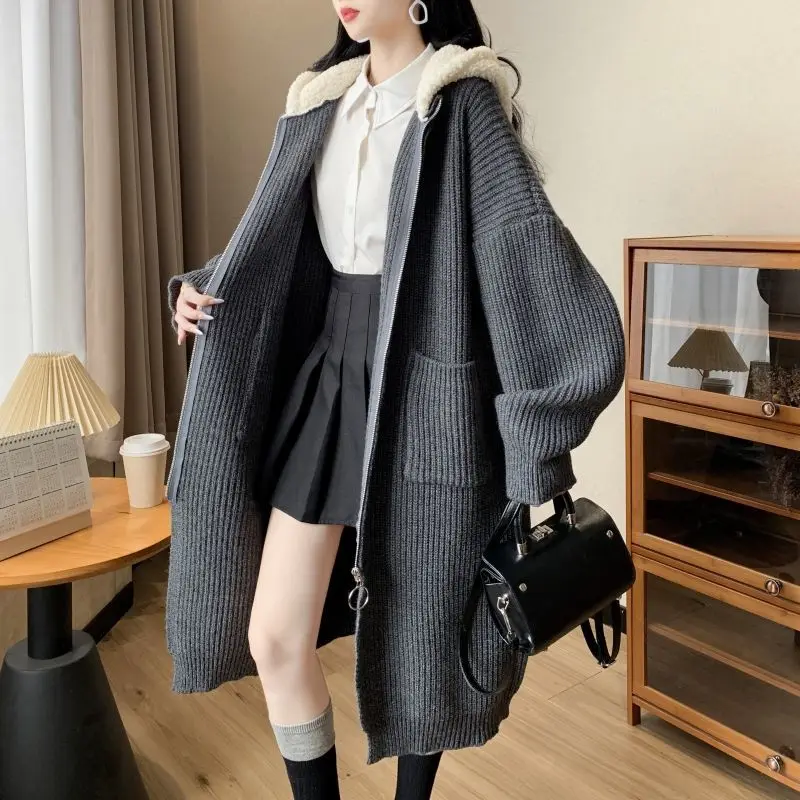 Women's Autumn Winter Vintage Loose Hooded Long Sweater Coats Lady Casual Gray Knitted Jackets Thick Zipper Outerwear Female
Women's Autumn Winter Vintage Loose Hooded Long Sweater Coats Lady Casual Gray Knitted Jackets Thick Zipper Outerwear Female
