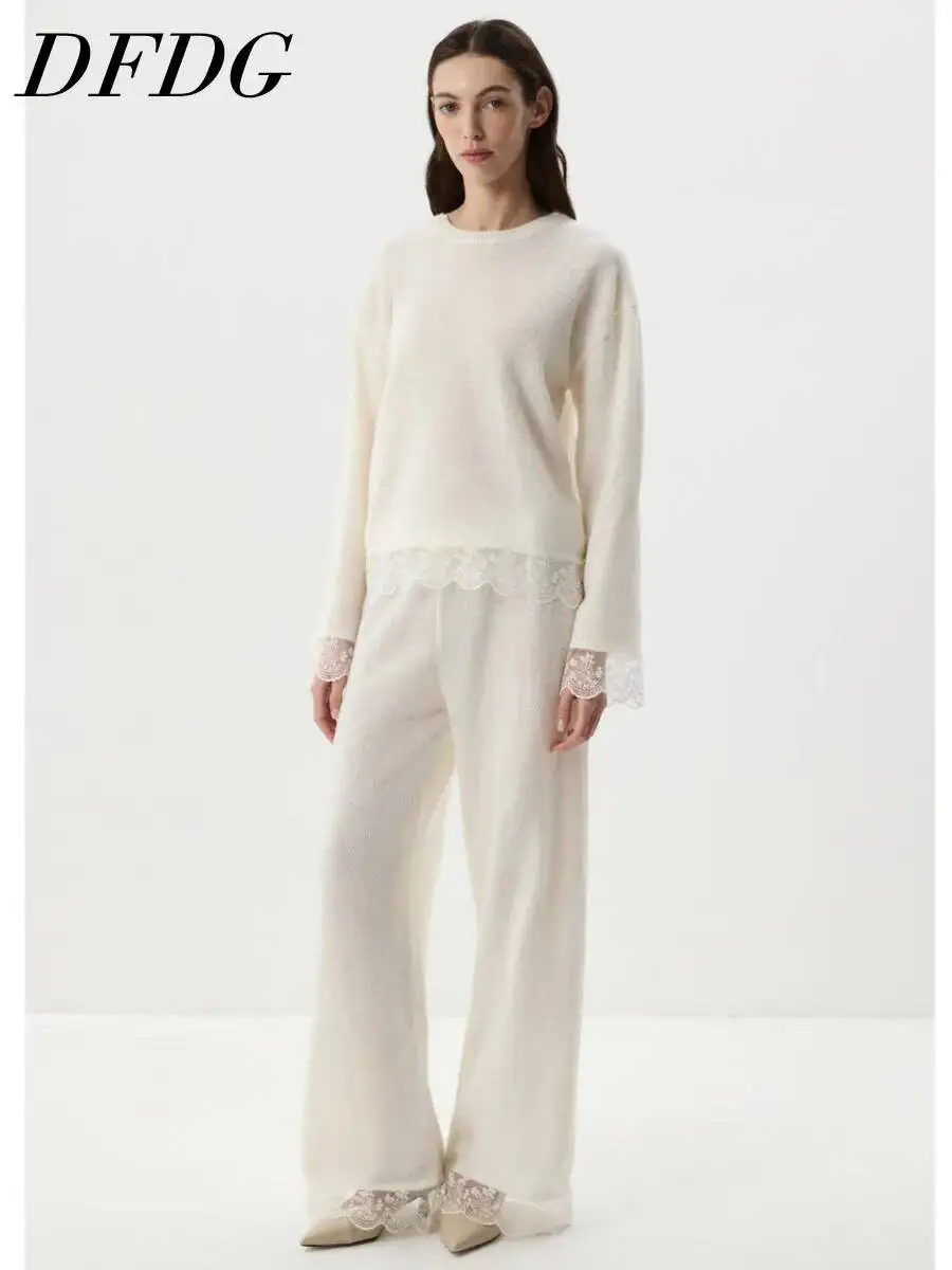 DFDG Women 2026 Spring Autumn Knit Loungewear Set Crew Neck Lace Trim Cuff Hem Soft Sweater Wide Leg Knit Pants Daily Set
DFDG Women 2026 Spring Autumn Knit Loungewear Set Crew Neck Lace Trim Cuff Hem Soft Sweater Wide Leg Knit Pants Daily Set