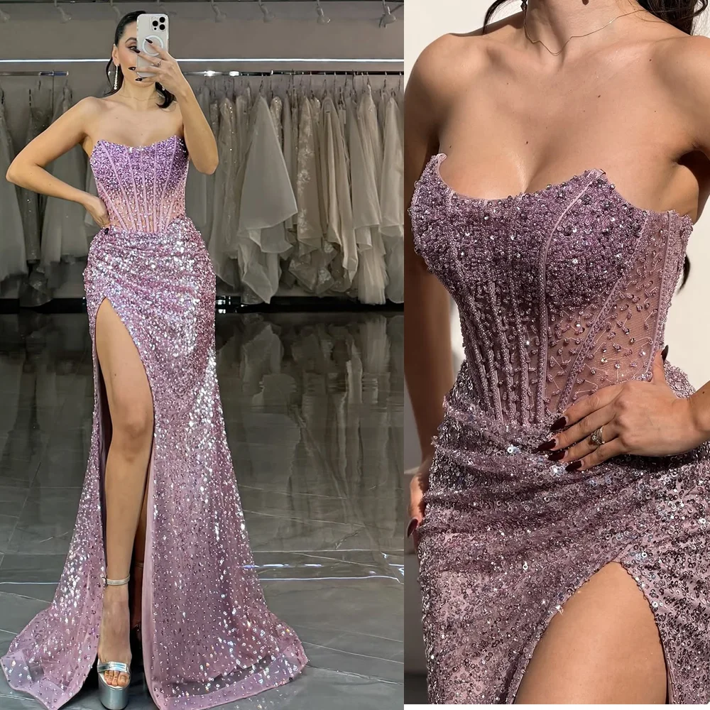 Индивидуальное платье для выпускного вечера без бретелек с блестками и длинным шлейфом, блестящее, расшитое бисером, с разрезом по бокам, вечерние платья русалки с открытой спиной для женщин
Индивидуальное платье для выпускного вечера без бретелек с блестками и длинным шлейфом, блестящее, расшитое бисером, с разрезом по бокам, вечерние платья русалки с открытой спиной для женщин