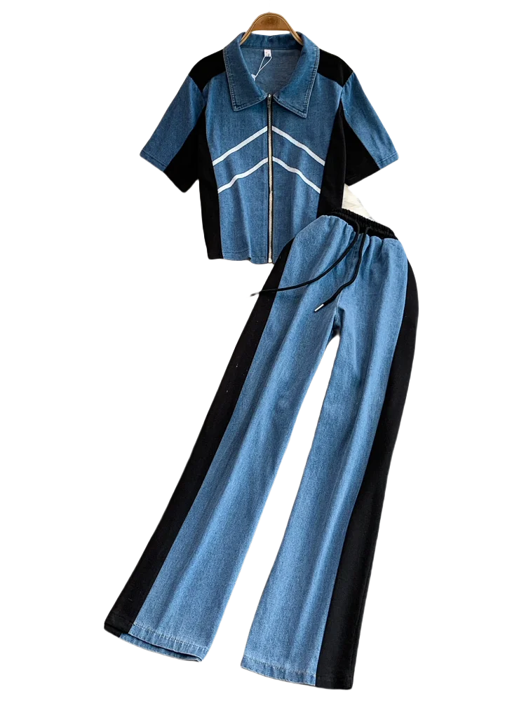 American Retro Casual Zipper Collar ort Sve Denim Jaet High Waist Slimming Wide Leg Pants Two Piece Set Women's Faion
American Retro Casual Zipper Collar ort Sve Denim Jaet High Waist Slimming Wide Leg Pants Two Piece Set Women's Faion