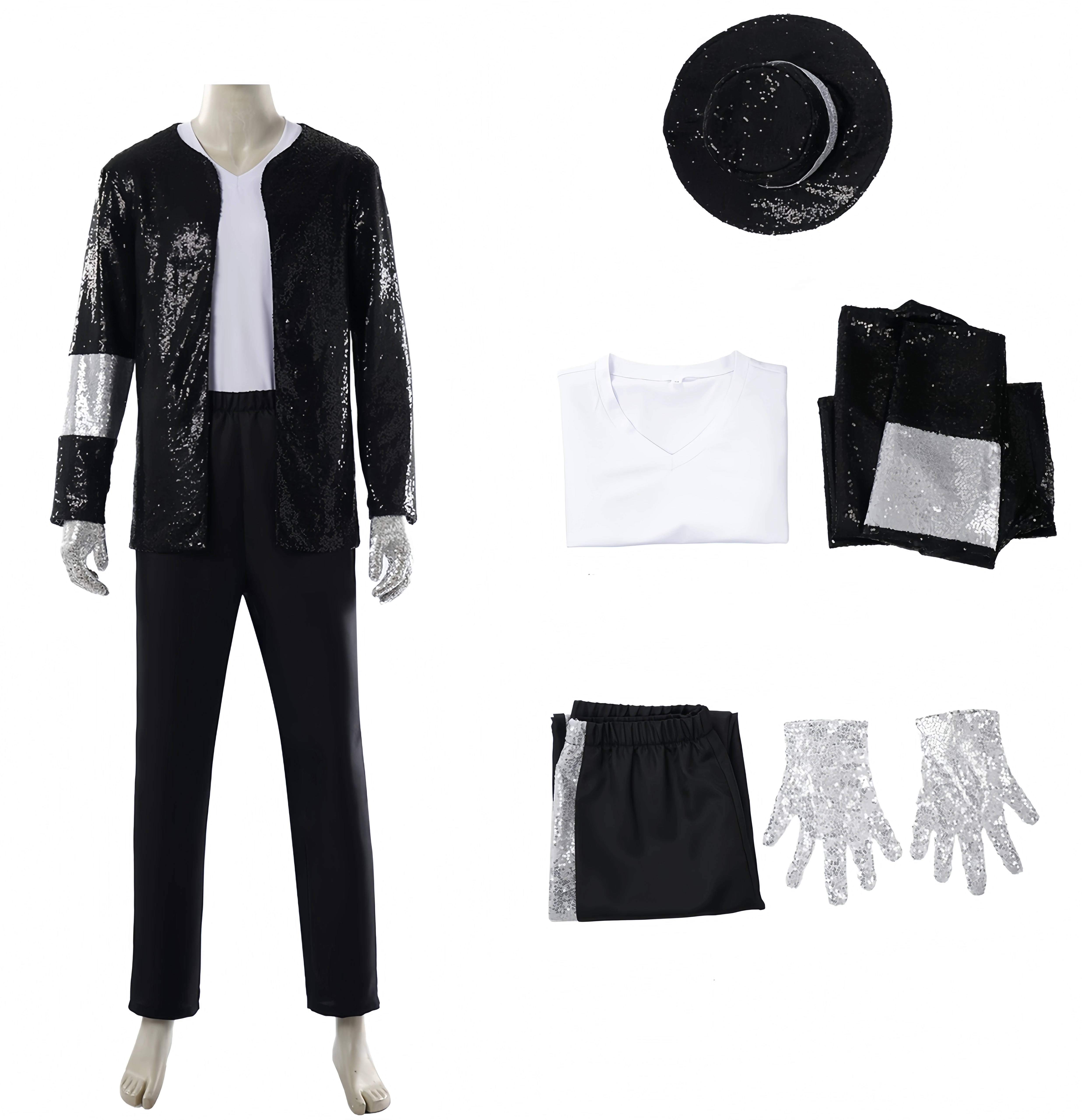 Black Sequinned Stage Outfit Halloween Party Costumes Complete withHat and Gloves Specifically for Michael Jackson Cosplay
Black Sequinned Stage Outfit Halloween Party Costumes Complete withHat and Gloves Specifically for Michael Jackson Cosplay