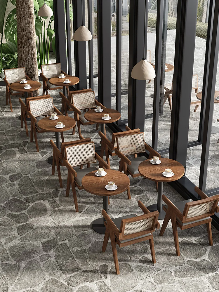 Customized solid wood woven chair tavern milk tea coffee shop casual dining table and chair combination wabi sabi style
Customized solid wood woven chair tavern milk tea coffee shop casual dining table and chair combination wabi sabi style