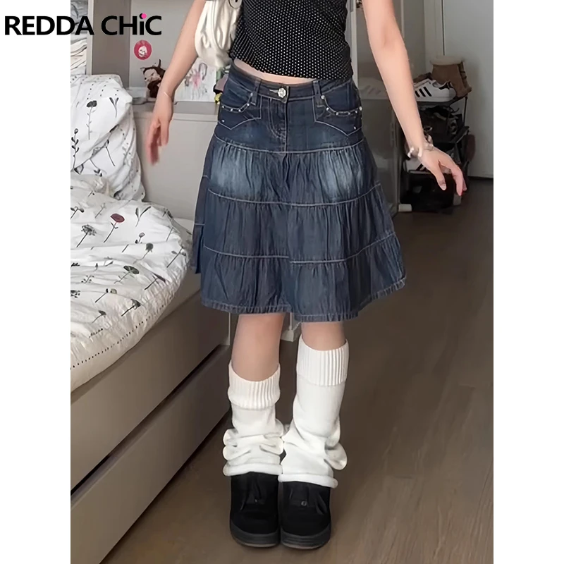 ReddaChic Women Distressed Low Rise Jean Skirt Knee Long Studs Pockets A-line Loose Solid Pleated Denim Skirt Retro Y2K Bottoms
ReddaChic Women Distressed Low Rise Jean Skirt Knee Long Studs Pockets A-line Loose Solid Pleated Denim Skirt Retro Y2K Bottoms