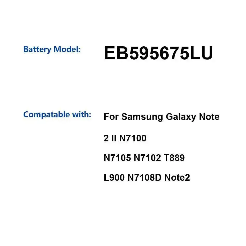 Аккумулятор мобильного телефона EB595675LU 3100 мАч для Samsung Galaxy Note 2 II N7100 N7105 N7102 T889 L900 N7108D
Аккумулятор мобильного телефона EB595675LU 3100 мАч для Samsung Galaxy Note 2 II N7100 N7105 N7102 T889 L900 N7108D
