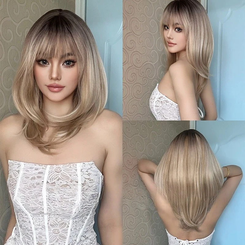 New wig European and American style fashion air bangs long straight hair trend gradual change color natural hair tail curl wig
New wig European and American style fashion air bangs long straight hair trend gradual change color natural hair tail curl wig