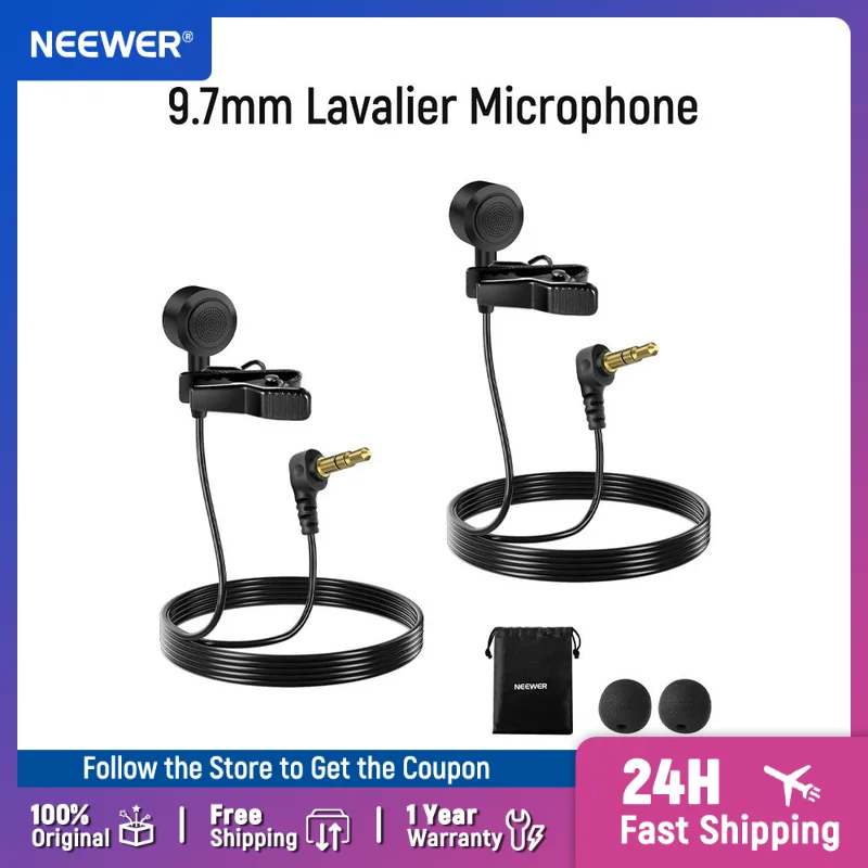 NEEWER ø9.7mm Lavalier Microphone (2 Pack), 3.5mm TRS Clip On Lapel Wired Omnidirectional Condenser Lav Mic with 1.5m Cable
NEEWER ø9.7mm Lavalier Microphone (2 Pack), 3.5mm TRS Clip On Lapel Wired Omnidirectional Condenser Lav Mic with 1.5m Cable
