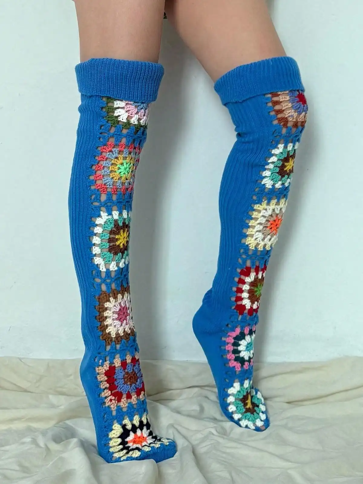 Boho Crochet Thigh High Socks for Women, Colorful Granny Square Pattern, Cozy Indoor Leg Warmers
Boho Crochet Thigh High Socks for Women, Colorful Granny Square Pattern, Cozy Indoor Leg Warmers