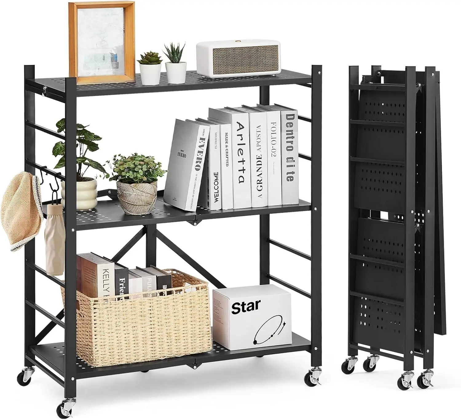 3-Tier Foldable Storage Shelf, 30x13x36 Inch Metal Rack with Wheels & Hooks for Kitchen Garage
3-Tier Foldable Storage Shelf, 30x13x36 Inch Metal Rack with Wheels & Hooks for Kitchen Garage