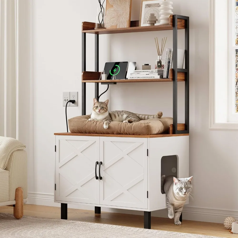 55 Inches Cat Litter Box Enclosure, Hidden Litter Box Furniture with 2 Storage Shelves and Charging Sockets, Wooden Cat House
55 Inches Cat Litter Box Enclosure, Hidden Litter Box Furniture with 2 Storage Shelves and Charging Sockets, Wooden Cat House