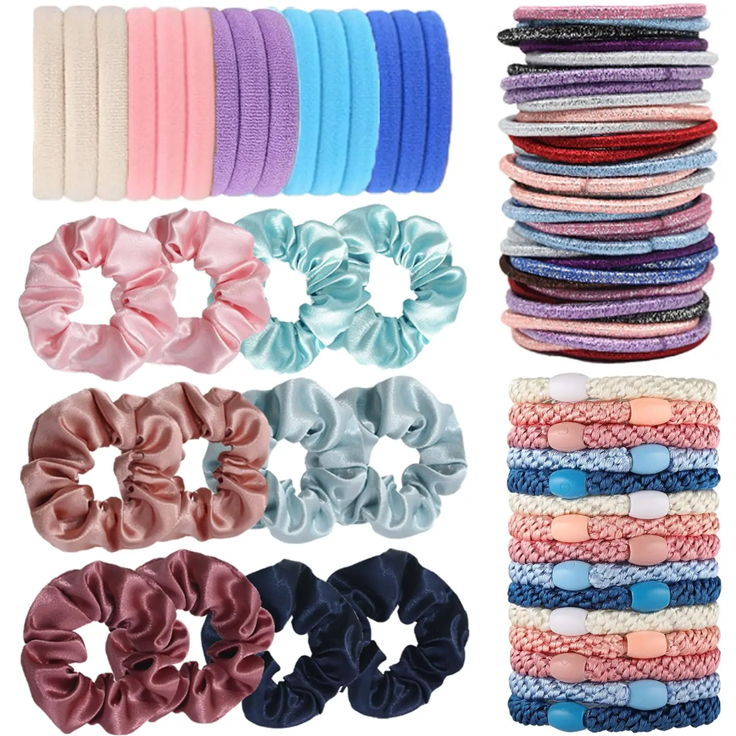 4 Styles Hair Ties Set: 15 No Damage, 50 High Elastic, 15 Ponytail Holders, 12 Satin Scrunchies - Pain-Free for All Hair Types
4 Styles Hair Ties Set: 15 No Damage, 50 High Elastic, 15 Ponytail Holders, 12 Satin Scrunchies - Pain-Free for All Hair Types