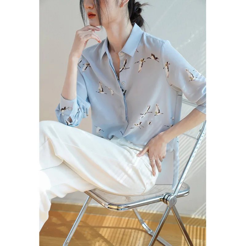 Spring Summer 17mm100% Real Silk Print Shirts Women Vintage Lapel Long Sleeve Loose Tops
Spring Summer 17mm100% Real Silk Print Shirts Women Vintage Lapel Long Sleeve Loose Tops