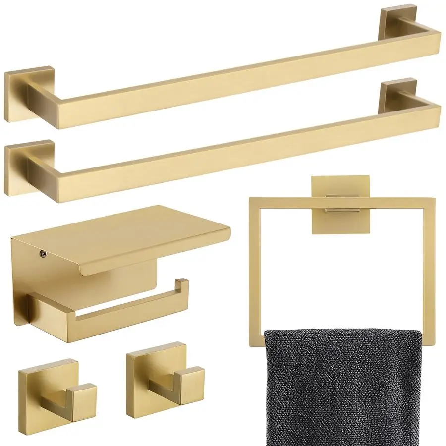 Набор фурнитуры для ванной комнаты из 6 предметов, 23,6-дюймовый золотой вешалка для полотенец, двойной вешалка для полотенец, кольцо для полотенец, крючок для пальто и держатель для туалетной бумаги с She
Набор фурнитуры для ванной комнаты из 6 предметов, 23,6-дюймовый золотой вешалка для полотенец, двойной вешалка для полотенец, кольцо для полотенец, крючок для пальто и держатель для туалетной бумаги с She