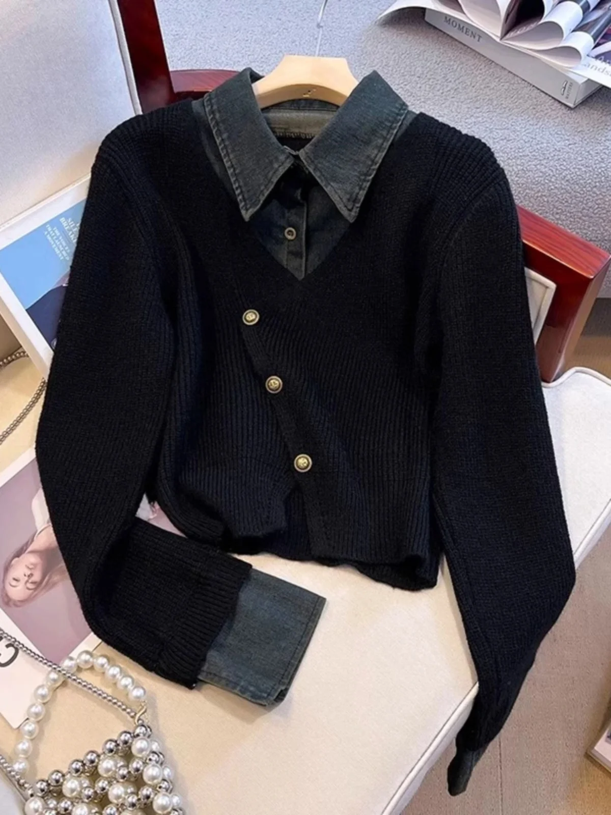 Spring 2025 Faion Denim Patchwork Knit Loose Collar Open Cardigan Sweater Women's Fake Two-Piece Ne Long Sve Top
Spring 2025 Faion Denim Patchwork Knit Loose Collar Open Cardigan Sweater Women's Fake Two-Piece Ne Long Sve Top