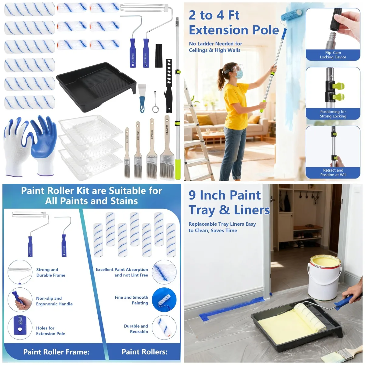 27-Piece Paint Roller Kit with 4FT Pole, Trays, Rollers, Brushes – Complete Home Painting Set
27-Piece Paint Roller Kit with 4FT Pole, Trays, Rollers, Brushes – Complete Home Painting Set