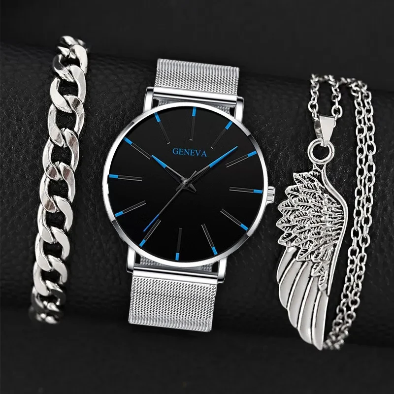3PCS Set Fashion Mens Simple Watches Men Business Bracelet Wings Necklace Ultra Thin Stainless Steel Mesh Belt Quartz Watch
3PCS Set Fashion Mens Simple Watches Men Business Bracelet Wings Necklace Ultra Thin Stainless Steel Mesh Belt Quartz Watch