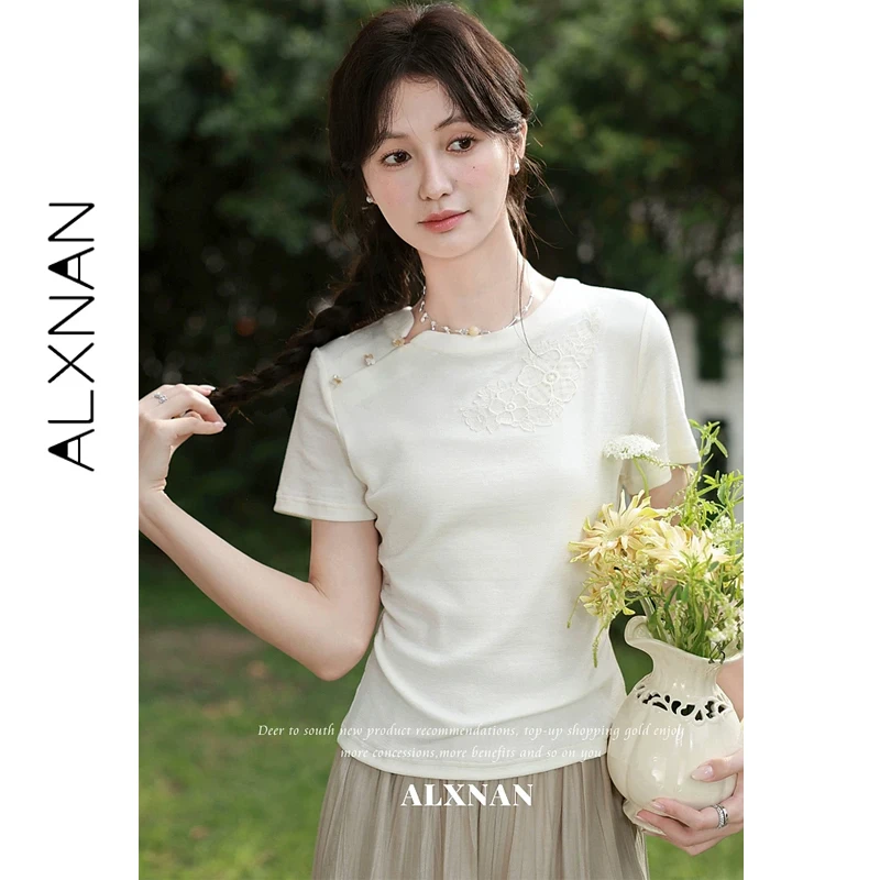 ALXNAN Off-white T-shirt Round Neck Chinese Style Lace Floral Applique T-shirts 2026 Summer Slim-fit Short Sleeve Tops L65181
ALXNAN Off-white T-shirt Round Neck Chinese Style Lace Floral Applique T-shirts 2026 Summer Slim-fit Short Sleeve Tops L65181