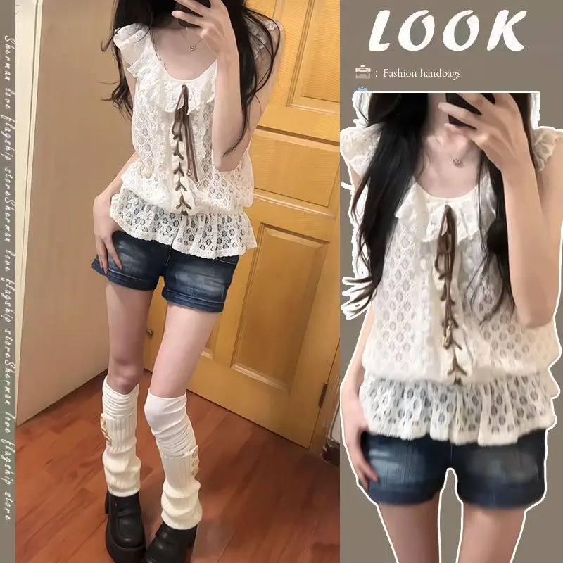 Summer Temperament Korean Chic Sets Ruffles Cross Bandage Hook Flower Hollow Out Shirt Casual Denim Shorts Y2k Aesthetic Suit
Summer Temperament Korean Chic Sets Ruffles Cross Bandage Hook Flower Hollow Out Shirt Casual Denim Shorts Y2k Aesthetic Suit