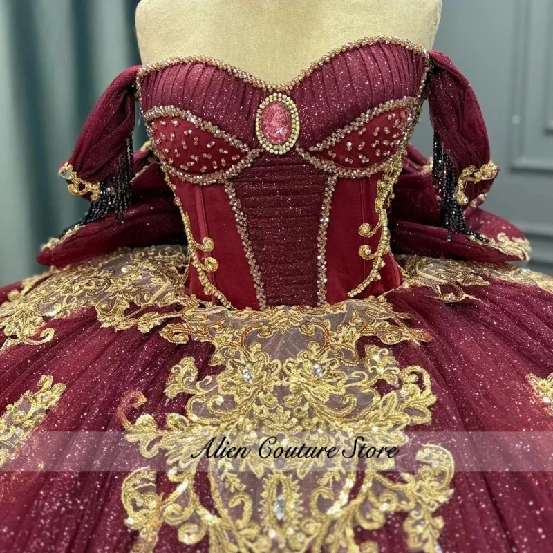 Shiny Burgundy Quinceanera Dresses off-shoulder Glitter Crystal Decal Long tail Bow Vestido De 15 Quinceanera Customize
Shiny Burgundy Quinceanera Dresses off-shoulder Glitter Crystal Decal Long tail Bow Vestido De 15 Quinceanera Customize