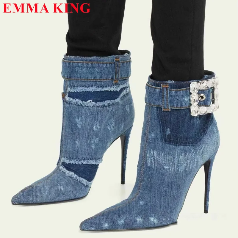 Denim Women Boots Design Crystal Buckle Strap Stiletto High Heel Shoes Fashion Pointed Toe Ankle Boots Sexy Party Shoes 2024
Denim Women Boots Design Crystal Buckle Strap Stiletto High Heel Shoes Fashion Pointed Toe Ankle Boots Sexy Party Shoes 2024