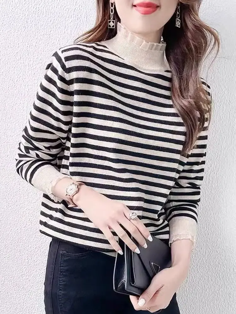 Элегантный кружевной свитер с высоким воротом и длинными рукавами, в полоску, с цветовыми блоками, в корейском стиле, вязаный, облегающий, универсальный, для повседневной носки, модный.
Элегантный кружевной свитер с высоким воротом и длинными рукавами, в полоску, с цветовыми блоками, в корейском стиле, вязаный, облегающий, универсальный, для повседневной носки, модный.
