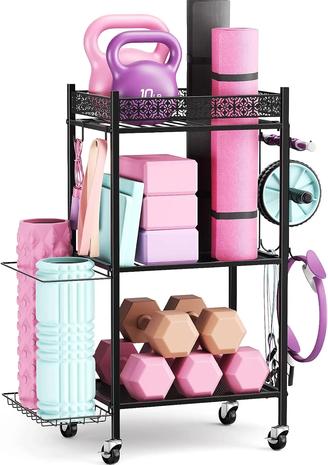 3-Tier Yoga Mat Storage Rack with Wheels & Hooks, Home Gym Organizer for Foam Roller, Dumbbells, Resistance Bands, Up to 200lbs
3-Tier Yoga Mat Storage Rack with Wheels & Hooks, Home Gym Organizer for Foam Roller, Dumbbells, Resistance Bands, Up to 200lbs