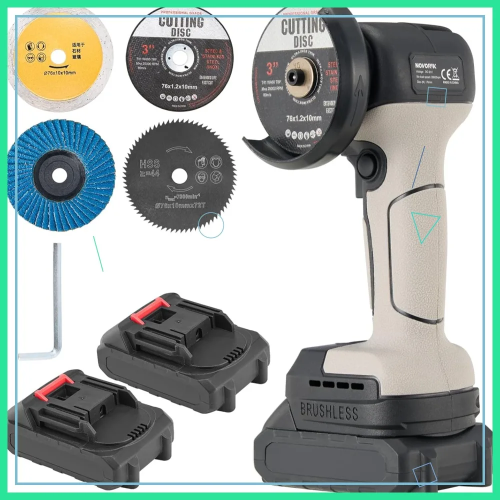 Brushless Cordless Mini Angle Grinder with 2pcs 16.8V Battery and 5 Cutting Discs for Wood Metal Stone Concrete
Brushless Cordless Mini Angle Grinder with 2pcs 16.8V Battery and 5 Cutting Discs for Wood Metal Stone Concrete
