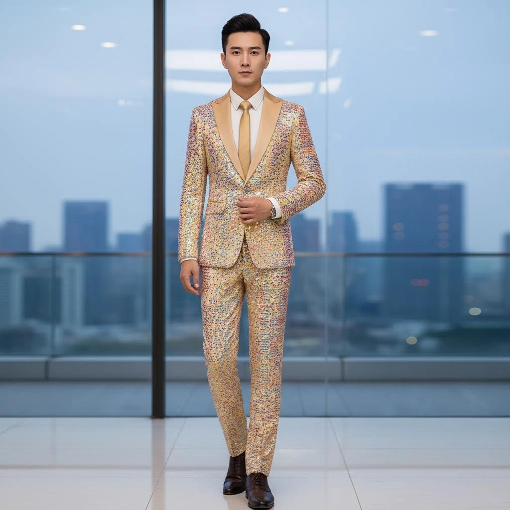 Fall and Winter Men's Gold Sequins Suit Two-piece,A Wedding Party Jacket Paired with Slacks, Made From A Slightly Thicker Fabric
Fall and Winter Men's Gold Sequins Suit Two-piece,A Wedding Party Jacket Paired with Slacks, Made From A Slightly Thicker Fabric