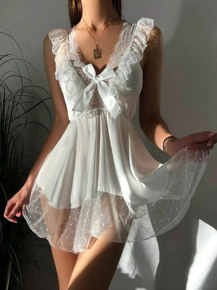 Polka Dot Mesh Lace Sleep Dress V Neck Bow Sleeveless Sheer Women Nightgown
Polka Dot Mesh Lace Sleep Dress V Neck Bow Sleeveless Sheer Women Nightgown