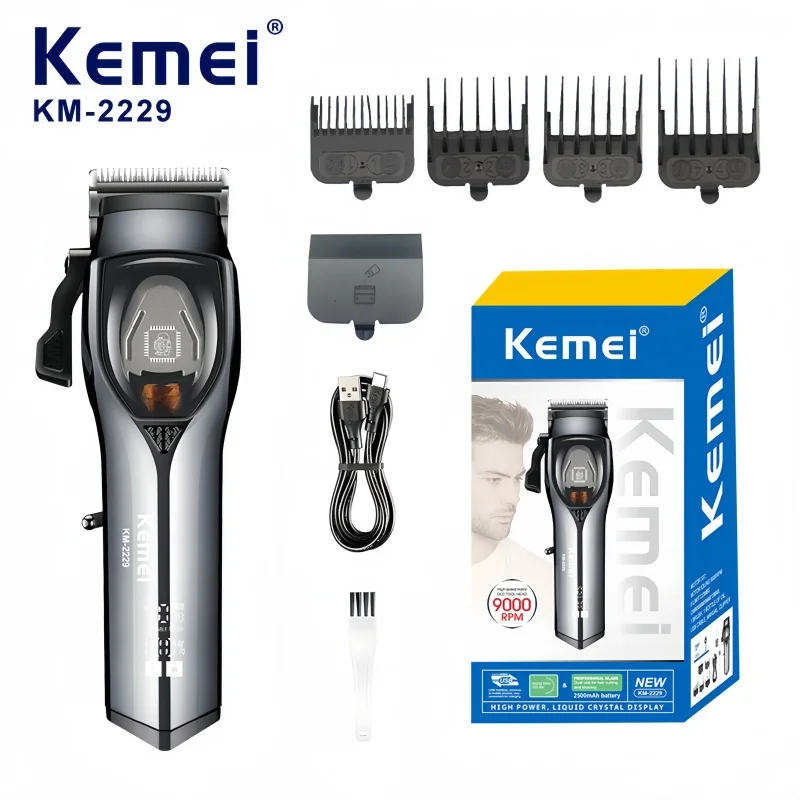 Kemei KM-2229 High-Quality Metallic Electric Hair Clipper, Low Noise, High-Speed, Professional Hair Stylist Trimming Tool.
Kemei KM-2229 High-Quality Metallic Electric Hair Clipper, Low Noise, High-Speed, Professional Hair Stylist Trimming Tool.